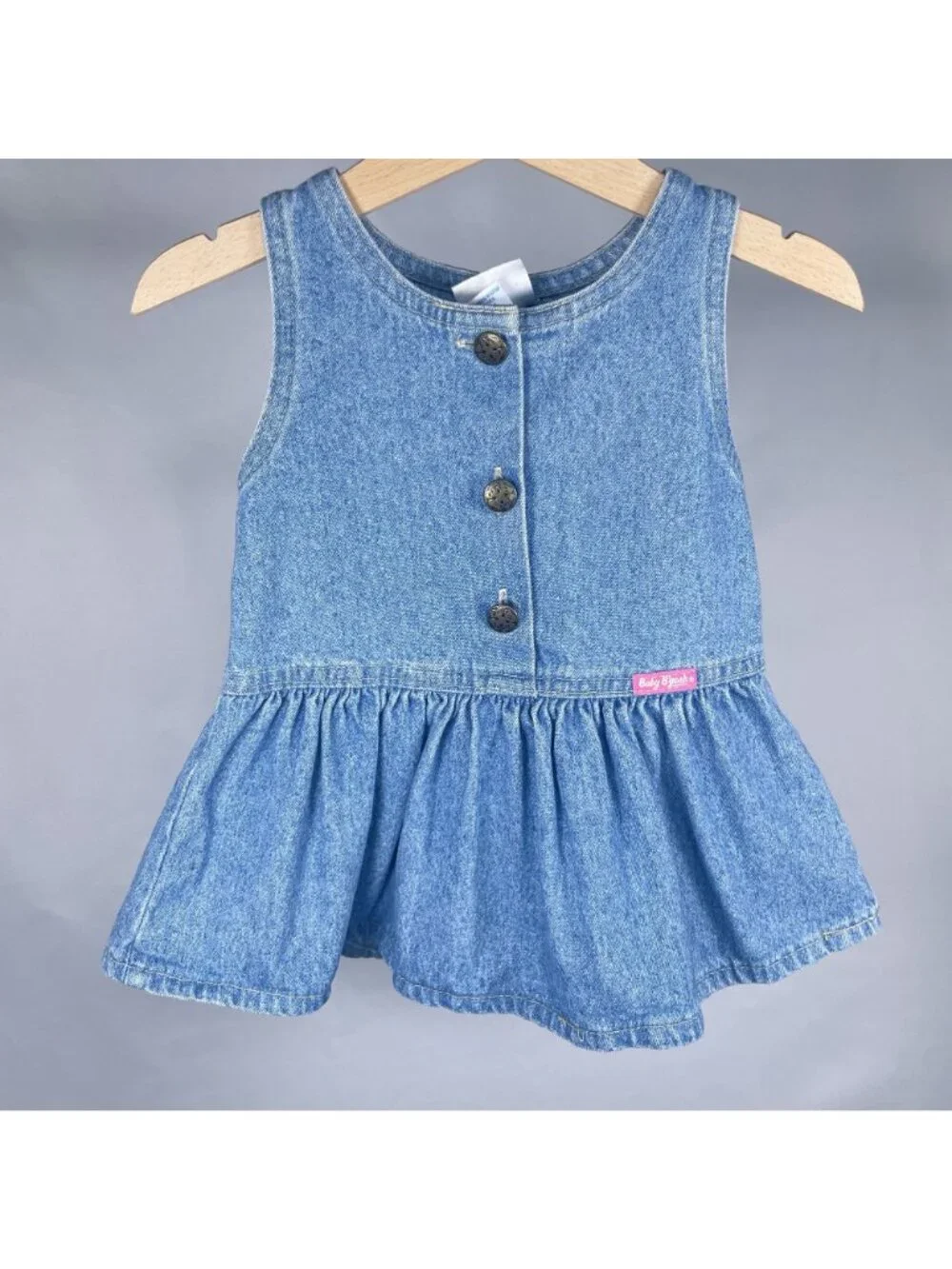 Vintage Oshkosh Girls Light Wash Denim Ruffle Snap Dress 12m